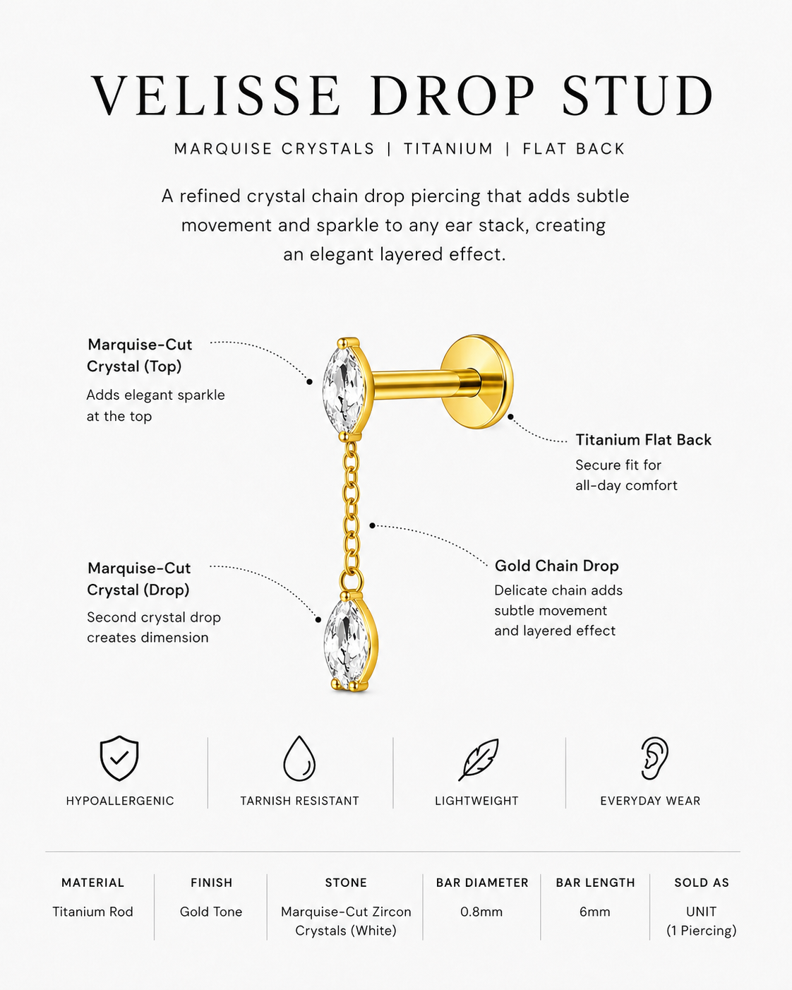 Titanium Crystal Chain Drop Piercing – Velisse | Flat Back Cartilage Earring