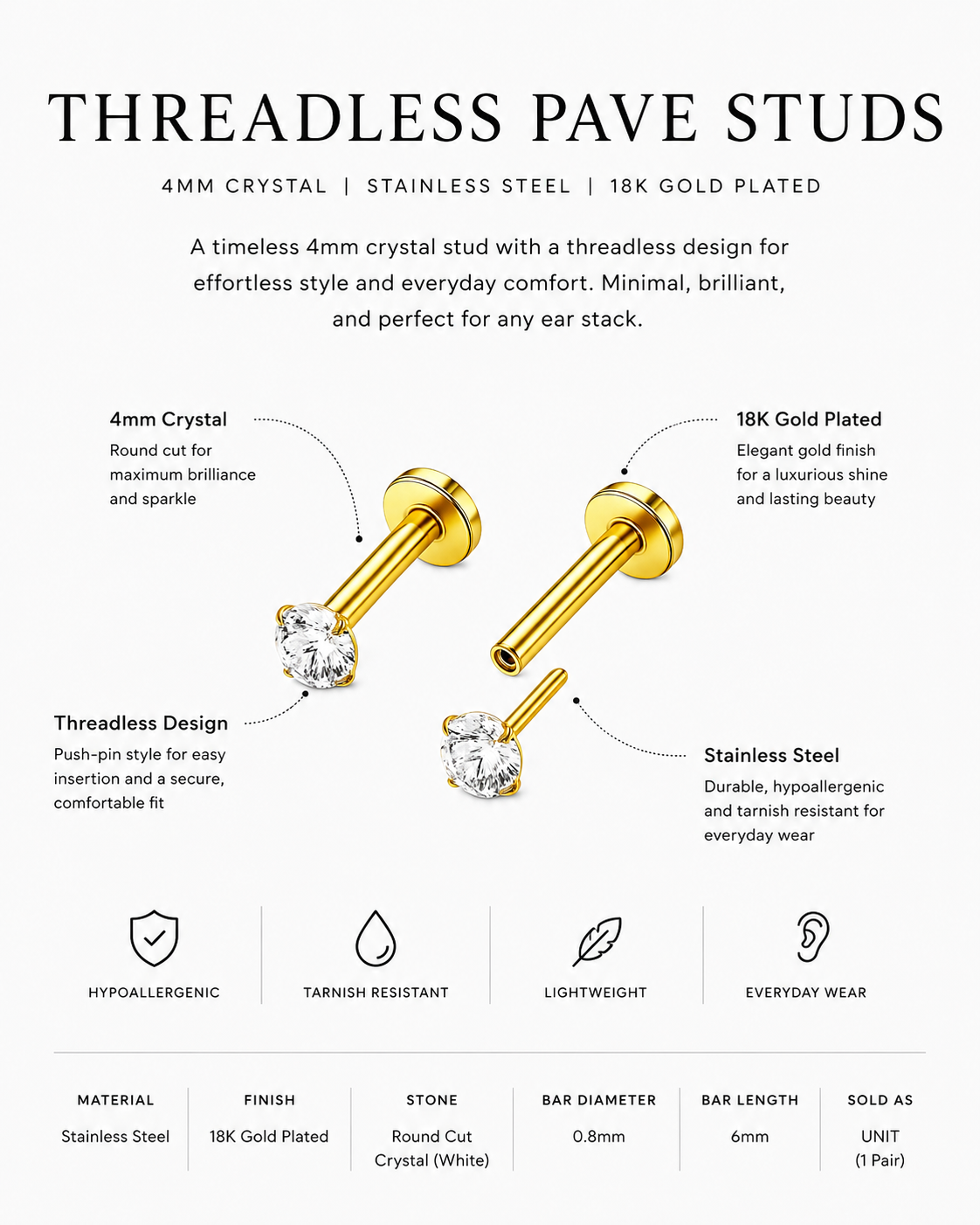 Threadless Pave Stud Earrings – 4mm Minimal Crystal Piercing