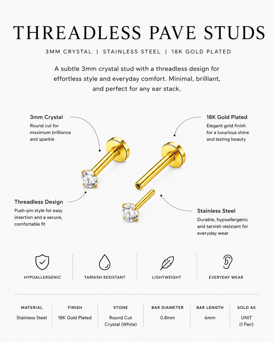 Threadless Pave Stud Earrings – 3mm Minimal Crystal Piercing
