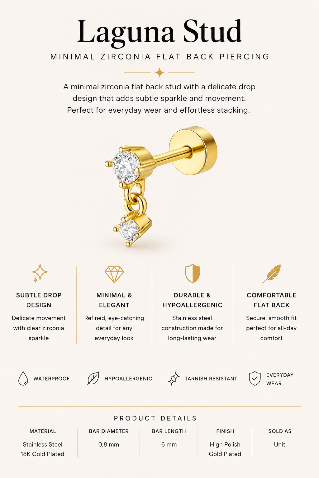 Laguna Stud – Minimal Zirconia Flat Back Piercing