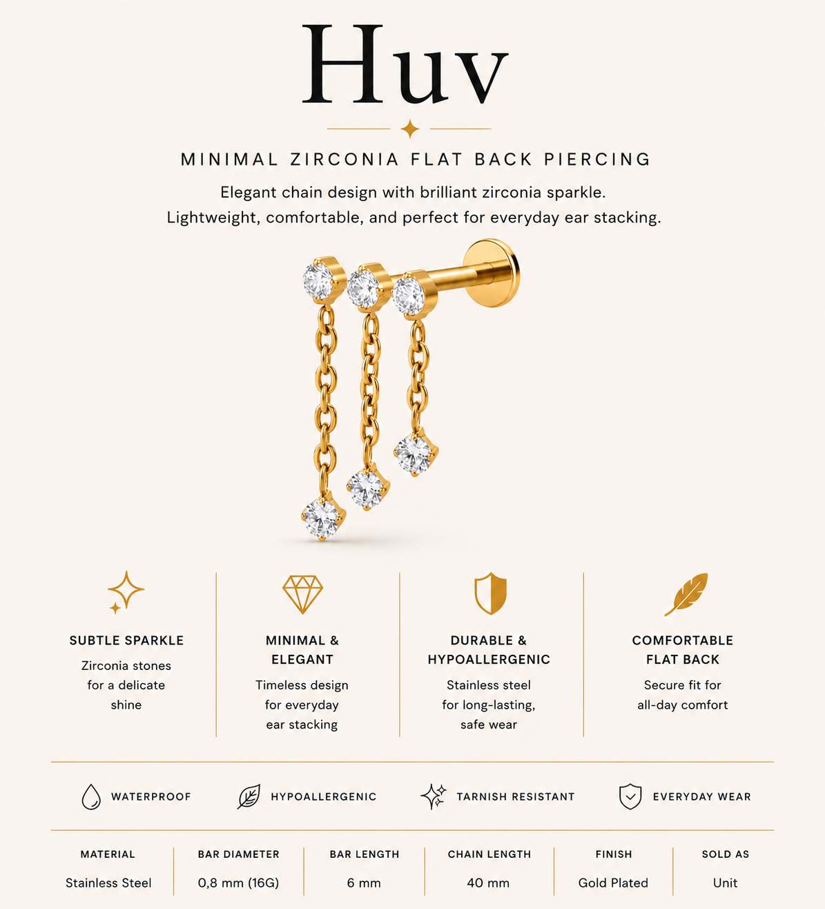 Titanium Chain Drop Piercing – Huv | Flat Back Cartilage Earring