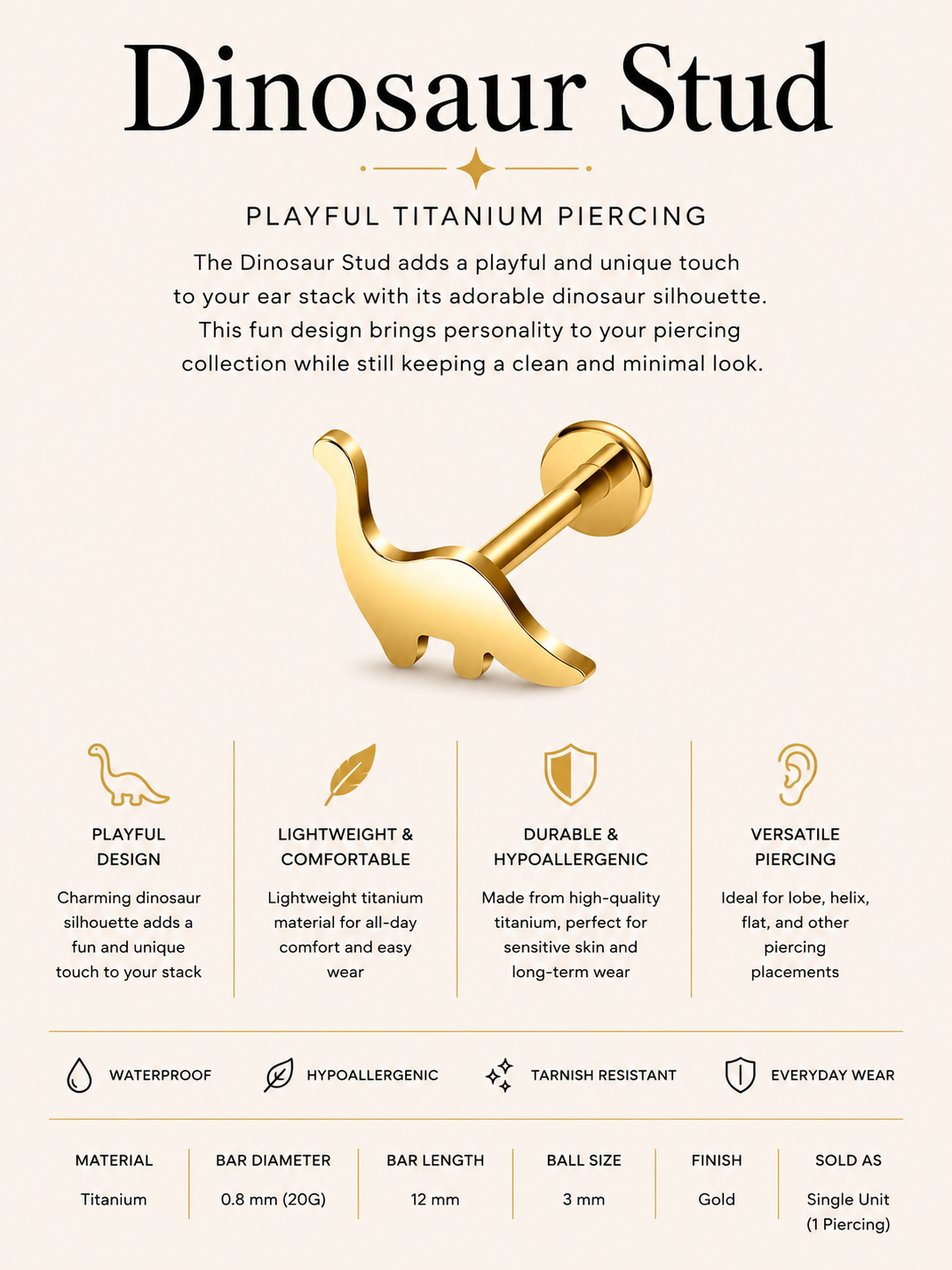 Dinosaur Stud – Playful Titanium Piercing