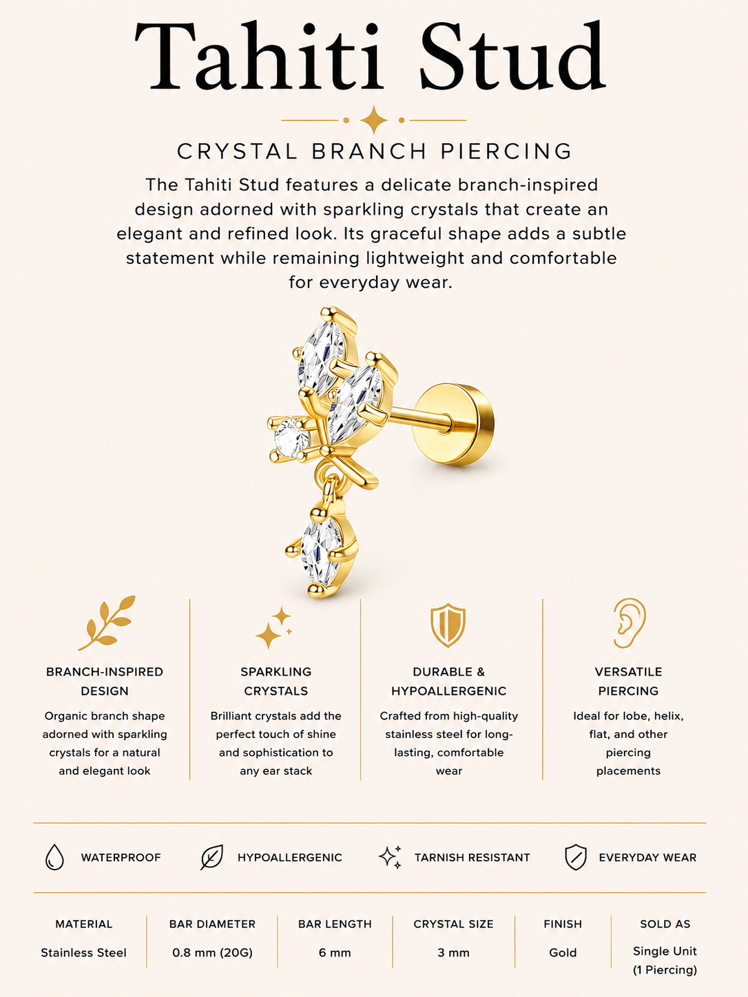 Tahiti Stud – Crystal Branch Piercing