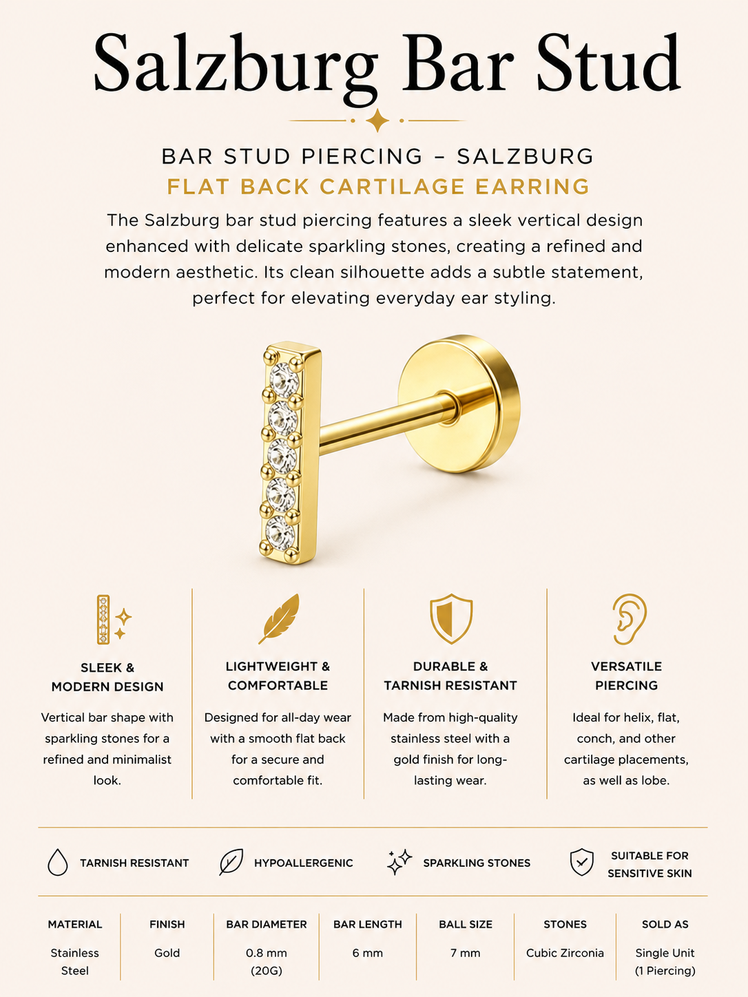 Bar Stud Piercing – Salzburg | Flat Back Cartilage Earring