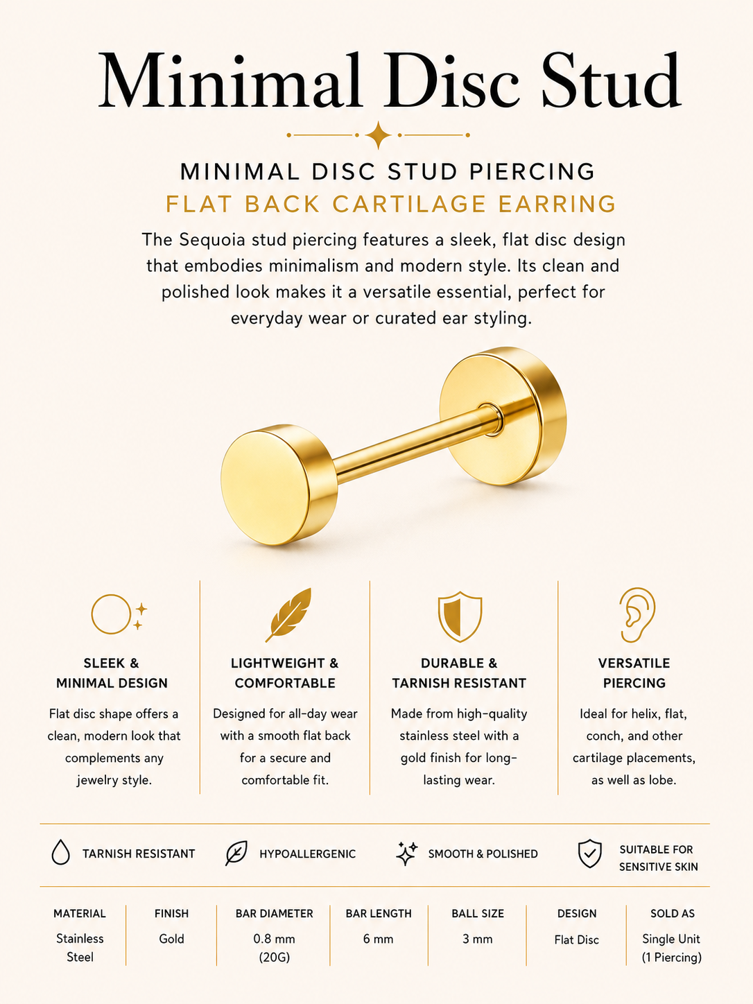 Minimal Disc Stud Piercing – Flat Back Cartilage Earring