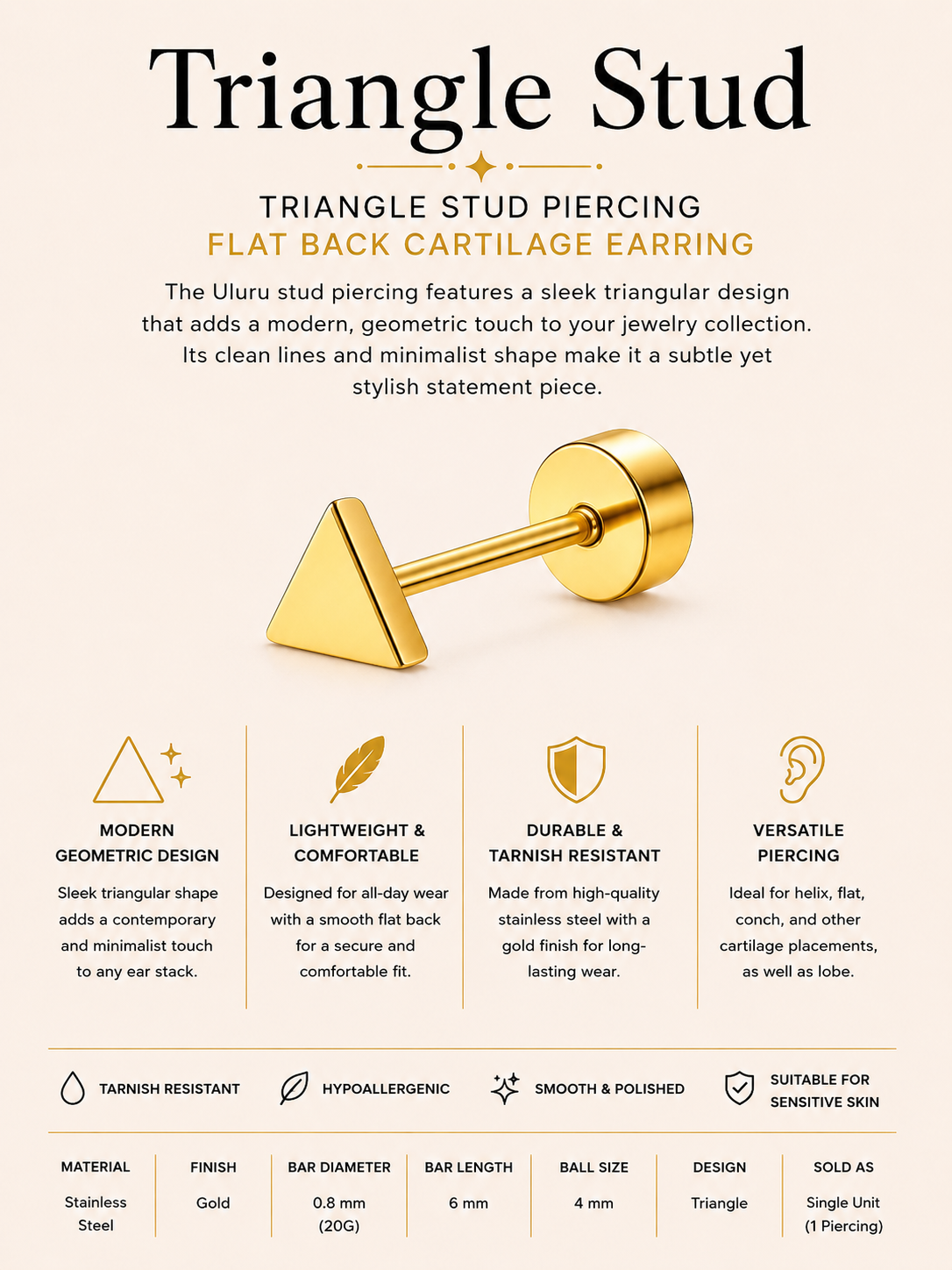 Triangle Stud Piercing – Flat Back Cartilage Earring