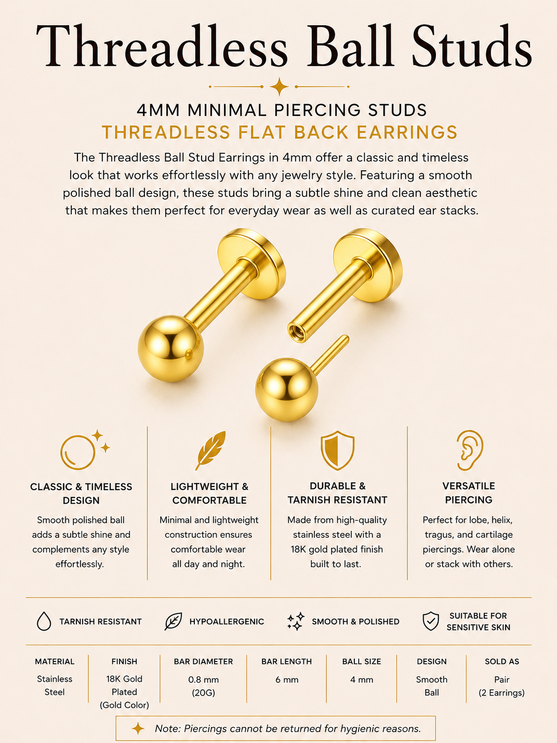 Threadless Ball Stud Earrings – 4mm Minimal Piercing Studs