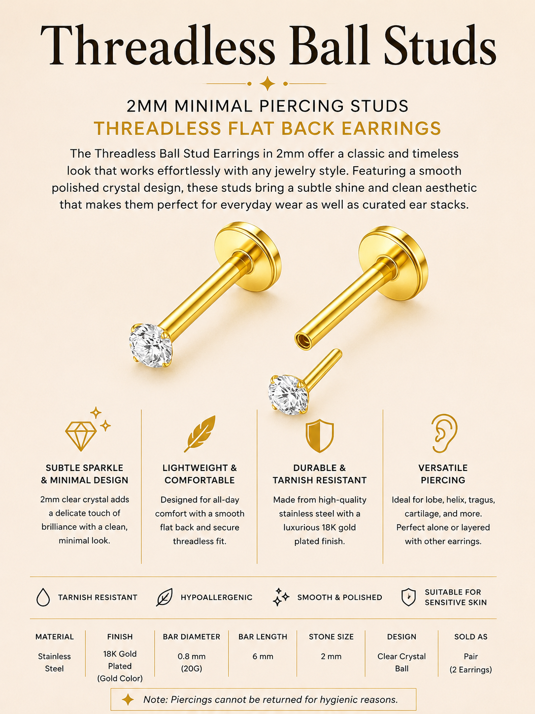 Threadless Pave Stud Earrings – 2mm Minimal Crystal Piercing