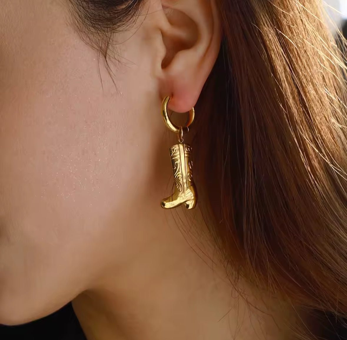 Gold plated cowboy boot charm hoop earrings in ear – Cowgirl Hoops