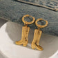 Gold plated cowboy boot charm hoop earrings displayed – Cowgirl Hoops