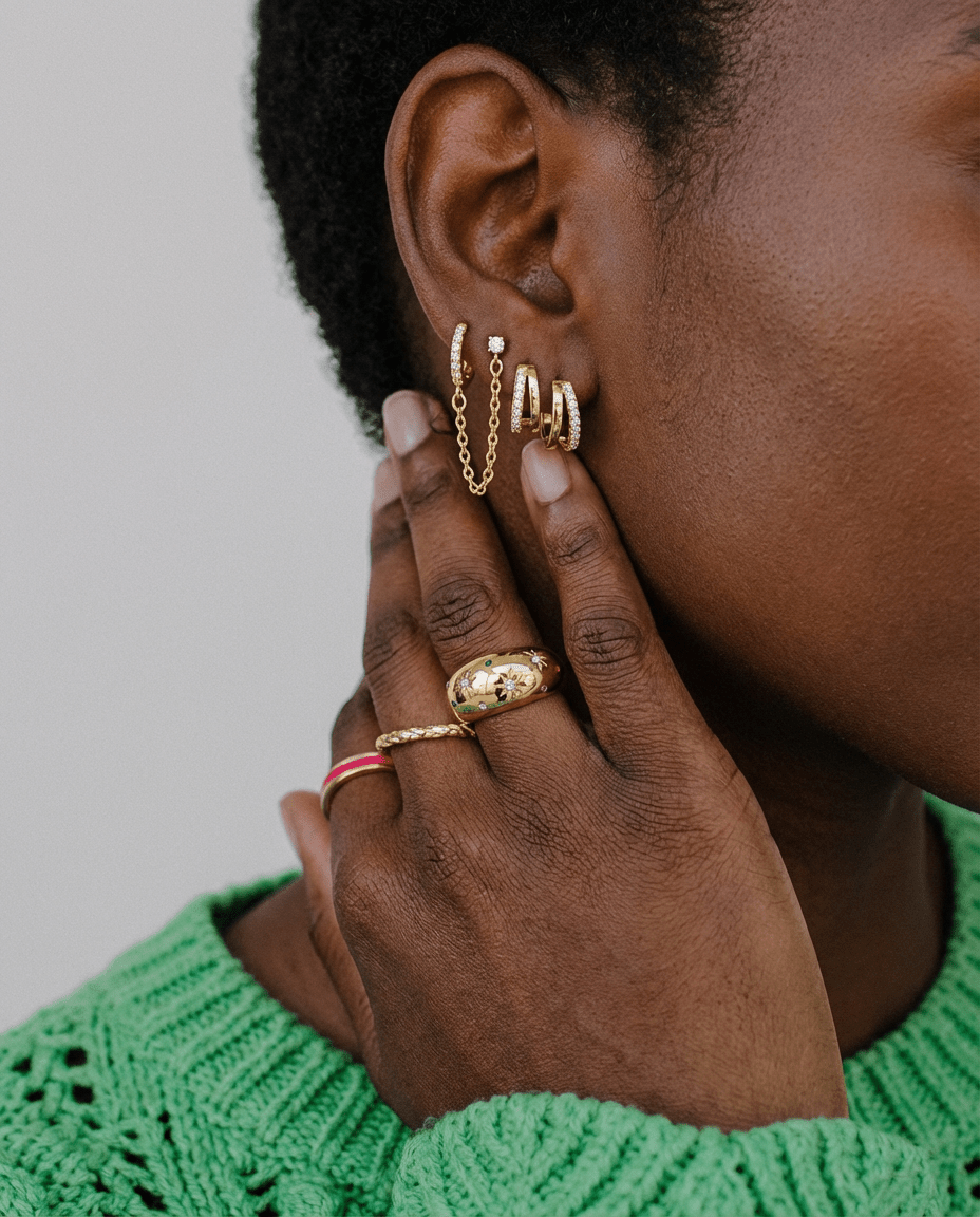 Gold starburst ring with celestial design, tarnish-resistant PVD 18K gold plated band on a finger