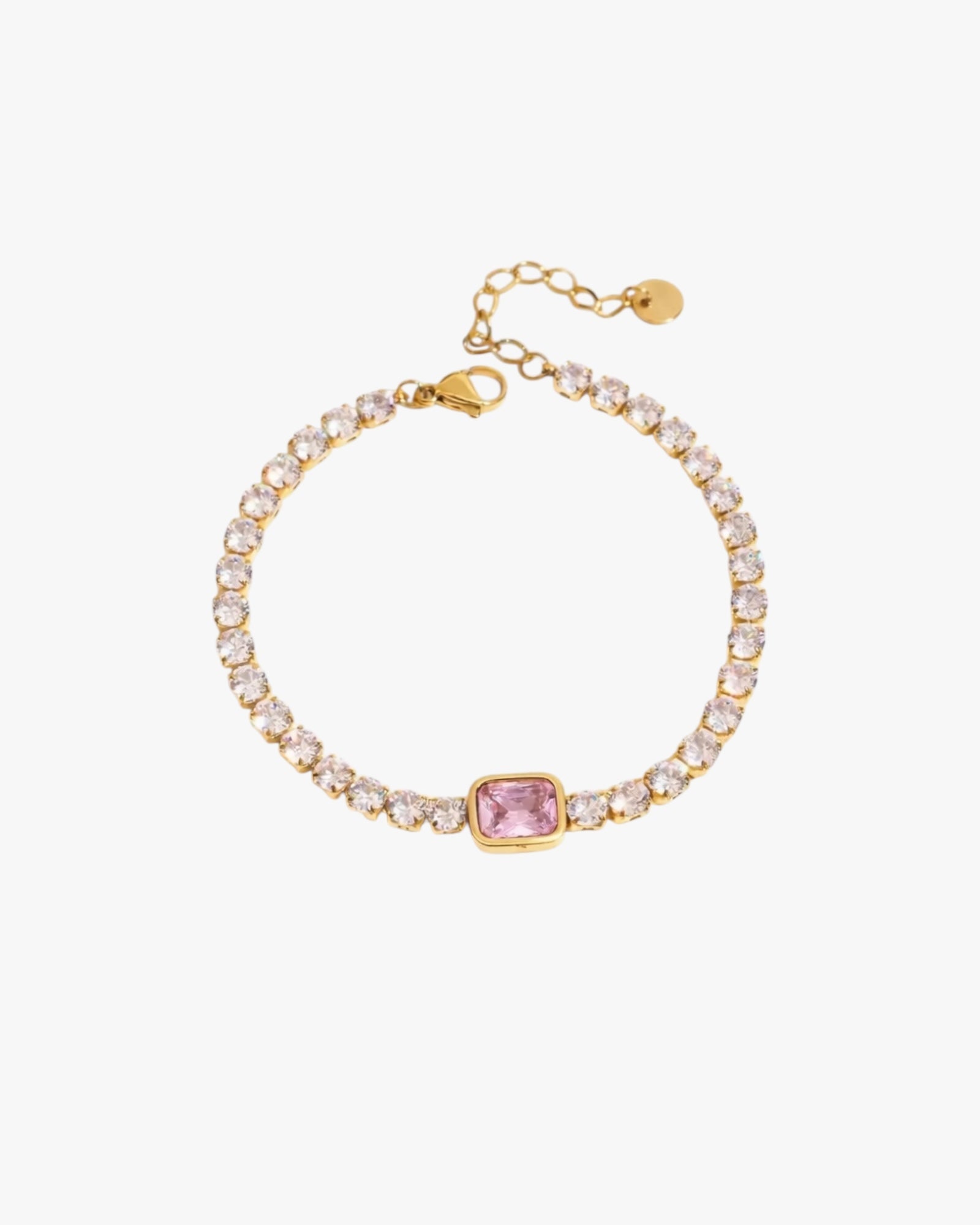 Serelina gold tennis bracelet with pink zircon center stone and 18K gold plated stainless steel