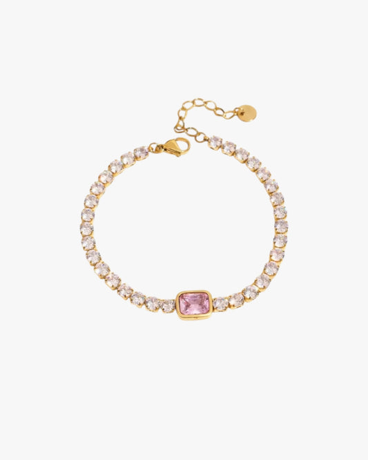 Serelina gold tennis bracelet with pink zircon center stone and 18K gold plated stainless steel