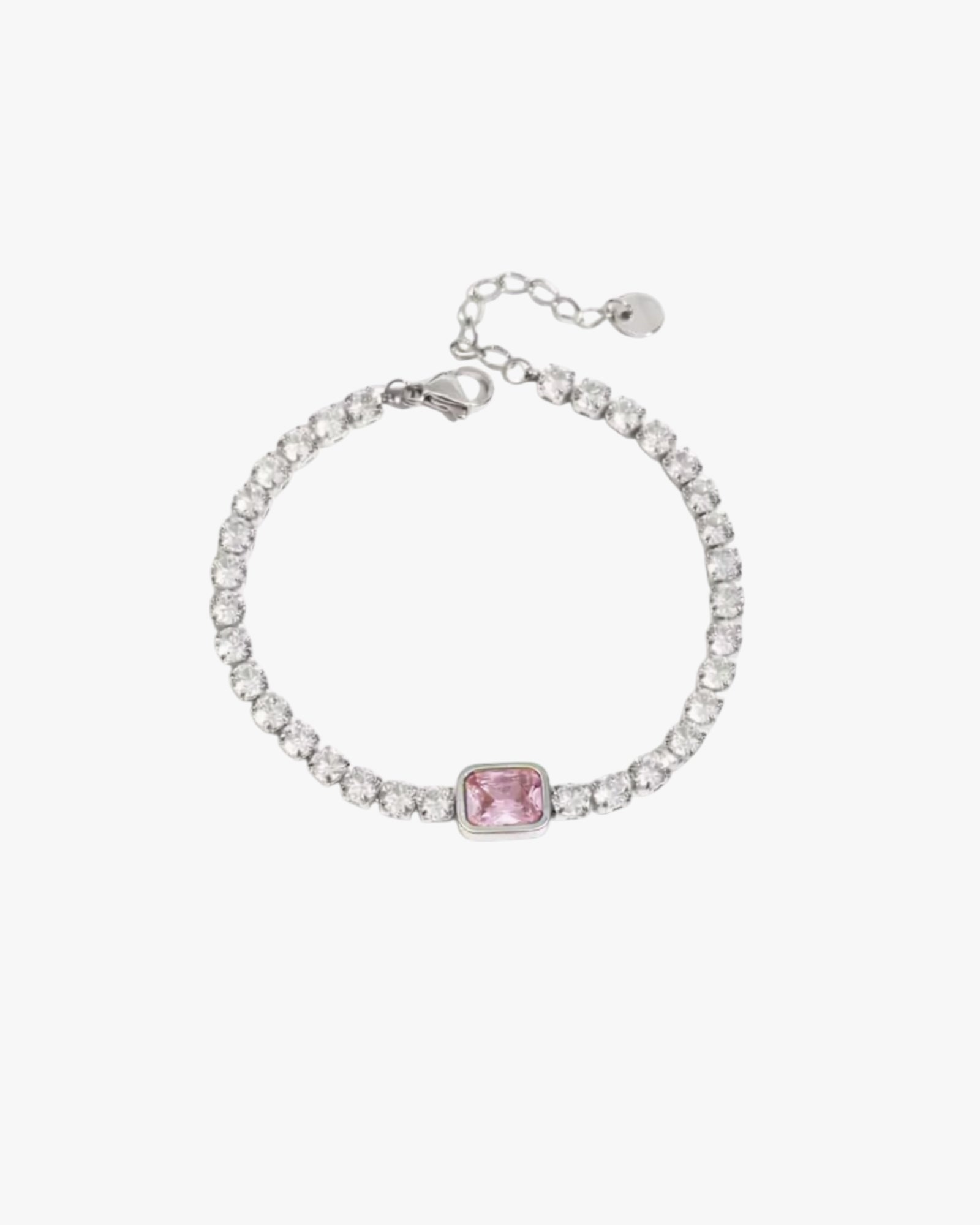 Serelina gold tennis bracelet with pink zircon center stone and 18K gold plated stainless steel