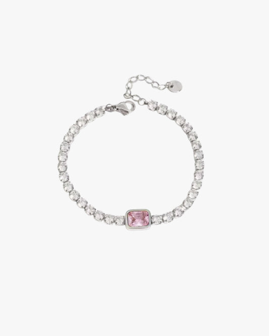 Serelina gold tennis bracelet with pink zircon center stone and 18K gold plated stainless steel