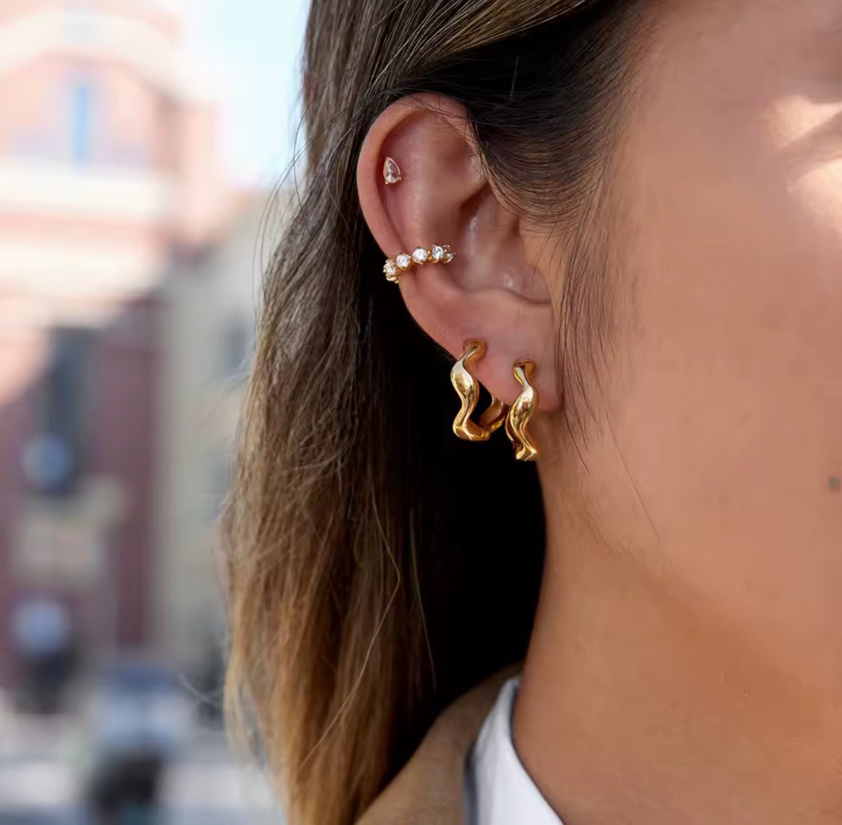 Gold Plated Stainless Steel Earrings in ear – Orvella