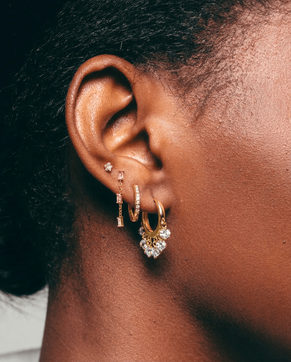 18K PVD Gold Plated Crystal Cluster Hoop Earrings in ear– Elvara