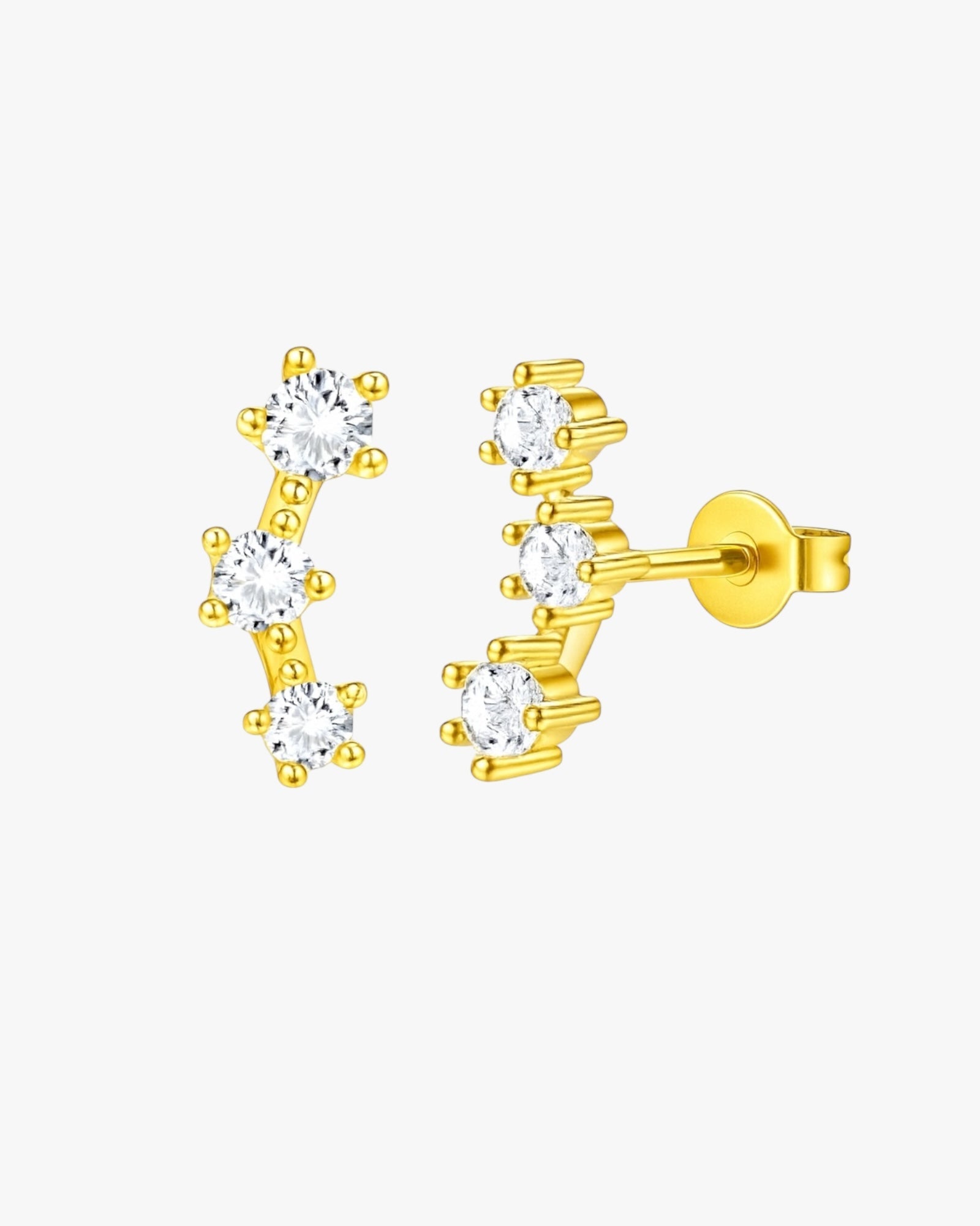 Gold double crystal stud earrings vertical design