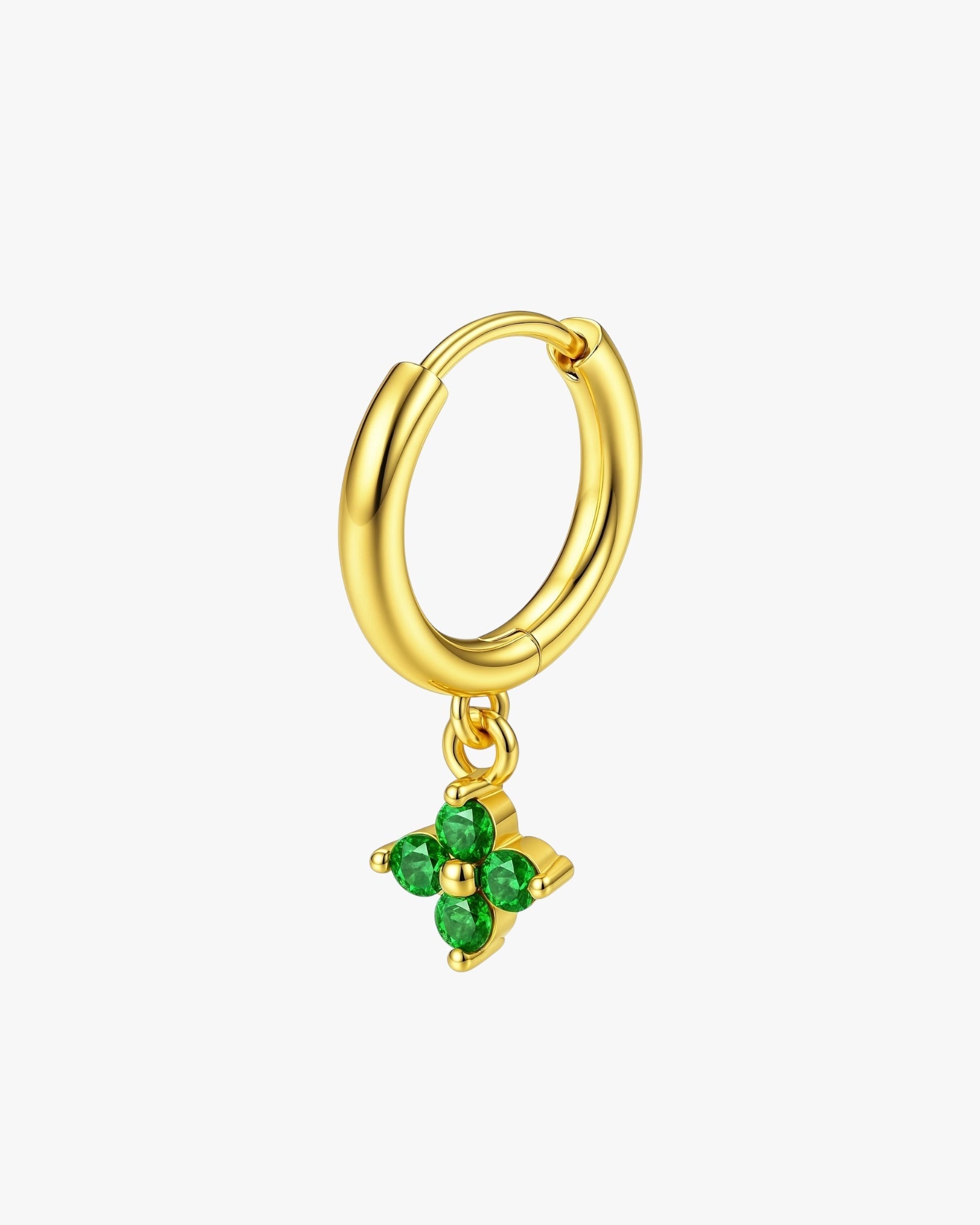 Mili mini gold hoop earring with green zirconia clover charm and 14K gold plating