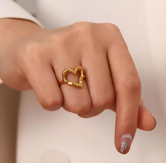 Minimalist open heart gold ring with PVD 18K gold plated finish, elegant everyday jewelry on a finger