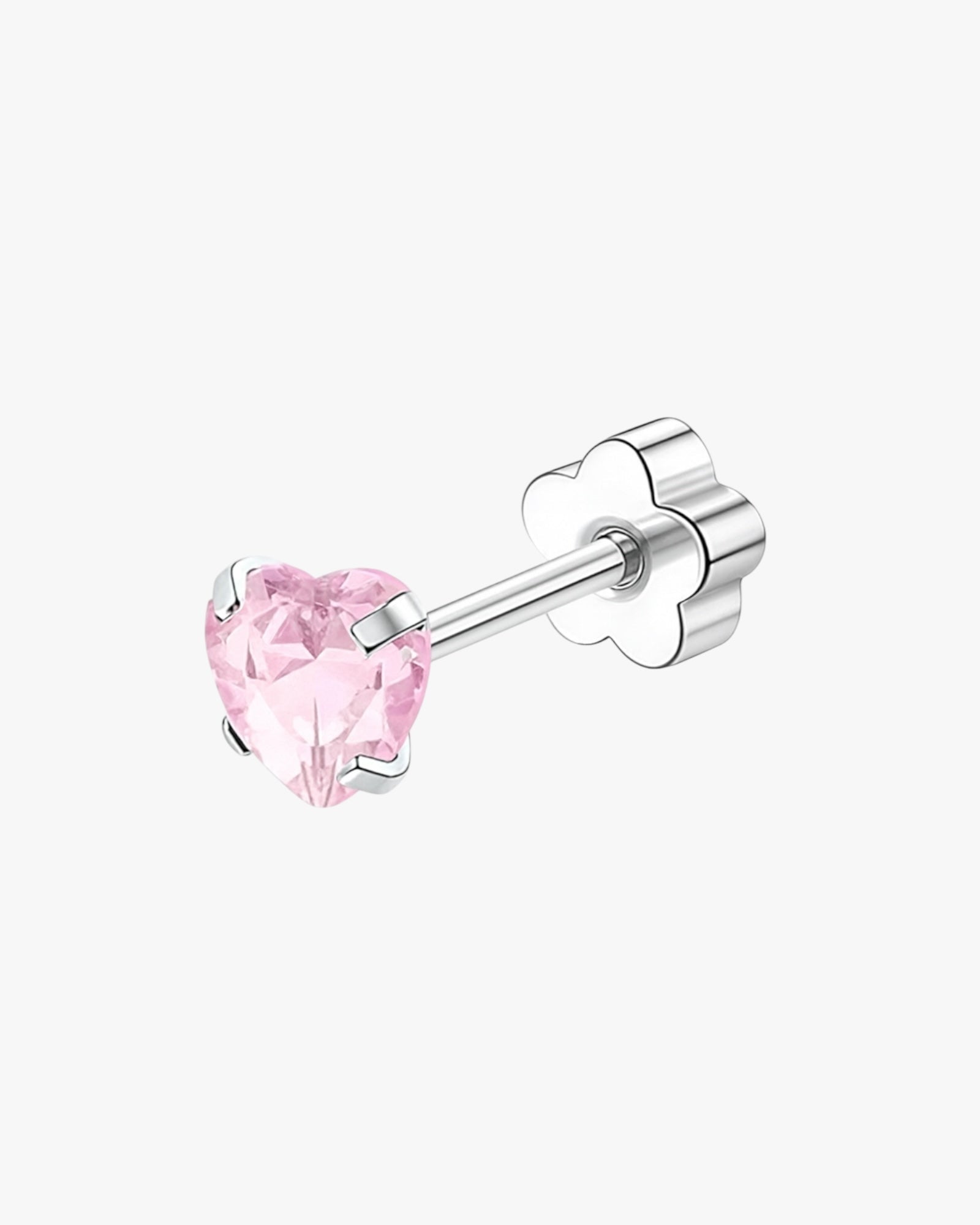 Pink heart crystal flat back stud piercing for helix cartilage or lobe
